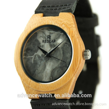 2017 wholesale quartz wood watch with genuine leather and natural marble stone watch face for popular people